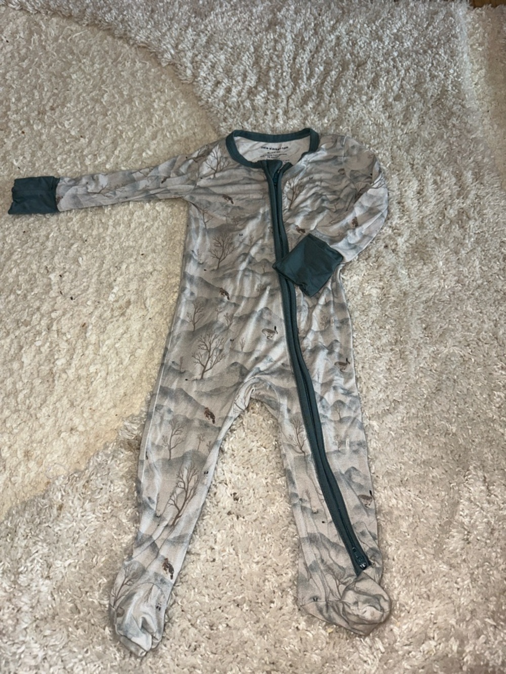 Bamboo Woodland Print Footed One-Piece Pajamas in Gray with Teal Trim